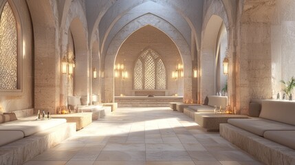 Fototapeta premium Luxurious Arabic-Inspired Bar Interior Design with Elegant Finishes and Soft Lighting | 3D Render of Modern Islamic Decor with Intricate Wall Designs