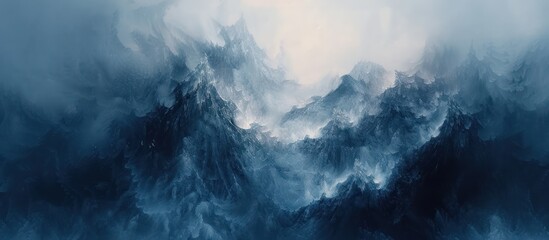 Fototapeta premium Dramatic, misty mountain range shrouded in blue fog.