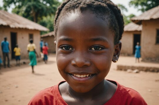 Close portrait of a smiling Gambian female kid looking at the camera, Gambian outdoors blurred background