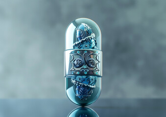 Blue and white open capsule surrounded by silver molecules on glass table with gray-blue gradient background