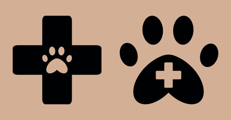 Veterinary Care Icon. Animal's paw on background of medical cross. First aid to pets. Animal care