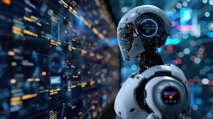 Fototapeta premium Futuristic robot analyzing data on a large screen.