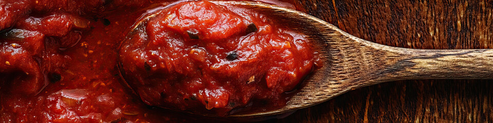 Obraz premium Close-up of perfectly-swirled marinara sauce on a rustic wooden spoon.