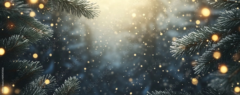 Poster christmas background with fir tree branches and falling snowflakes