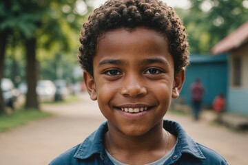 Close portrait of a smiling Guyanese male kid looking at the camera, Guyanese outdoors blurred background