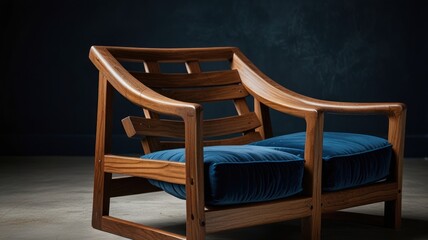 Modern walnut wood armchair with blue velvet cushions.