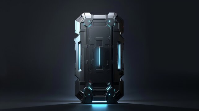 Futuristic metal door in a spaceship  a realistic scene with glowing lights in a dark environment