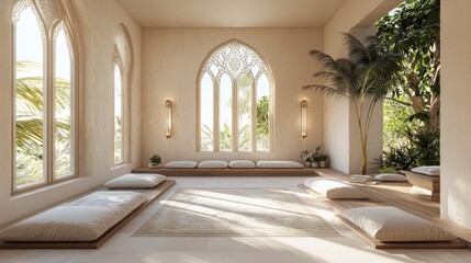 Serene Oasis: Modern Arabian Islamic Interior Design 3D Render Tranquil Meditation Room with Soft Cushions and Serene Lighting