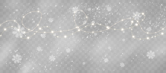 Golden Christmas Garlands in a Winter Wonderland: Bright Holiday Lights with Snowy Effects