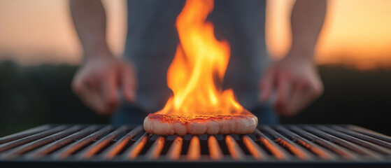 A man is cooking a hot dog on a grill