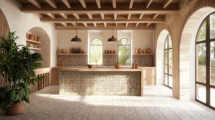 Vibrant And Colorful Modern Arabian Kitchen Island With Traditional Pottery - 3D Render Interior Design Artwork