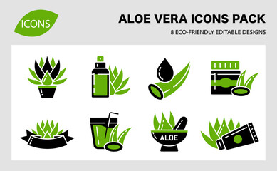 Minimal Aloe Vera Icon Pack, Vector Symbols Featuring Leaf, Tube, and Fresh Plant Elements