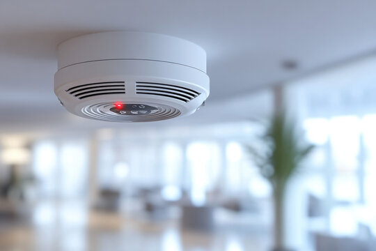 Fire alarm. A smoke detector mounted on a ceiling, featuring a red indicator light, in a modern, well-lit interior space.