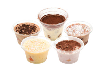 Various types of dessert tiramisu. Traditional Italian dessert in a transparent plastic glass isolated on a white background. Food delivery. Fast food to go.