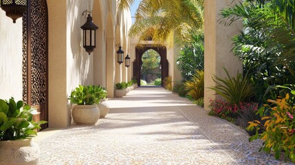 Fototapeta premium Luxurious Arabian Nights: Exquisite Outdoor Pathway in Vibrant Islamic Interior Design 3D Render