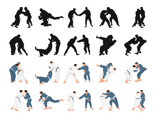 Judo set silhouettes on white background. Different action, pose. Martial arts, jiu jitsu, sport