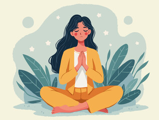 illustration of a woman in a meditative pose surrounded by leaves and flowers, with a sun in the background. for mental health