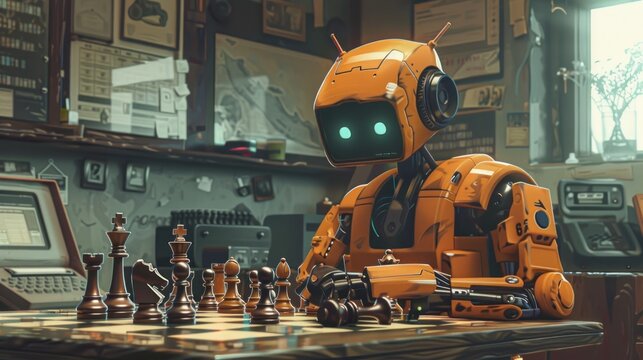 Orange robot playing chess in vintage workshop.