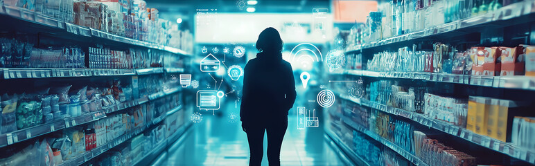 Modern Retail Experience: Person Standing in a Store Surrounded by Glowing Wi-Fi and Technology Symbols, Representing Digital Connectivity in Shopping
