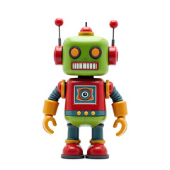 Fototapeta premium An old retro toy robot, with bright colors and a wind-up key, stands proudly, evoking nostalgia and joy