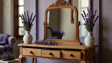 Antique wooden vanity with lavender.
