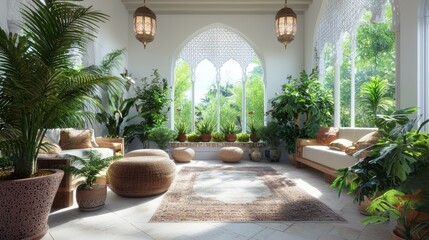 Modern-Arabian Islamic Conservatory: Exotic 3D Render with Lush Plants and Elegant Decor in Ultra-Detailed Design