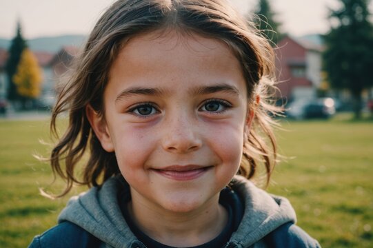 Close portrait of a smiling Kosovar female kid looking at the camera, Kosovar outdoors blurred background