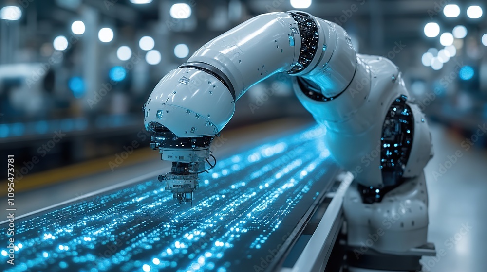 Aufkleber futuristic robotic arm interacting with digital data stream in advanced factory setting
