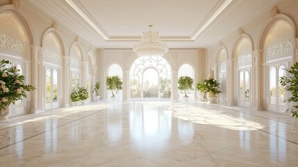 Obraz premium Luxurious Modern Arabian Islamic Interior Design Foyer with Large Chandelier and Intricate Tile Work 3D Render