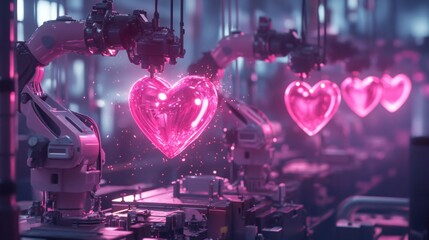 A futuristic factory assembly line crafting glowing pink metallic hearts, with robotic arms polishing each glossy piece. Sparks fly as intricate machinery operates in a high-tech environment.