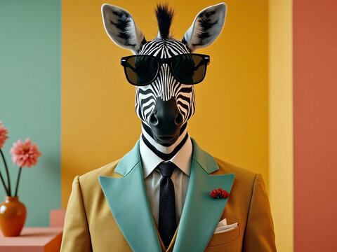 Funny 3d illustration of a zebra in a business suit and sunglasses with nostalgic theme