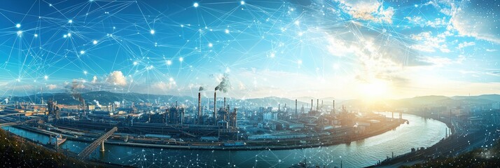A futuristic panoramic view of an expansive industrial cityscape