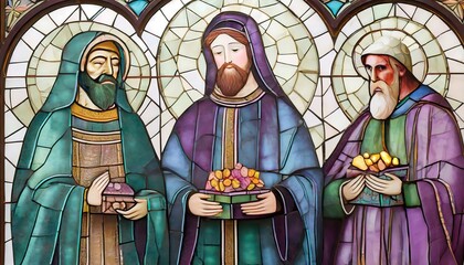 Stained glass window depicting three wise men offering gifts. Three Kings Day Epiphany background.