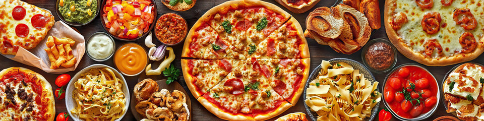 A colorful collage of various comfort food items, including pizza, pasta, and desserts.