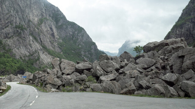 Rockfalls on highway, bettween Nesodden and Mt. Ramnefjell, Norway