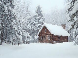 A cozy wooden cabin hidden under a thick layer of snow