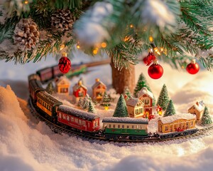 A miniature Christmas train set under a beautifully decorated tree, with tiny snow-covered villages and holiday decorations filling the scene.