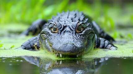 Fototapeta premium A crocodile slowly emerging from a swampy body of water