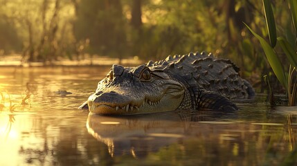 A crocodile slowly emerging from a swampy body of water