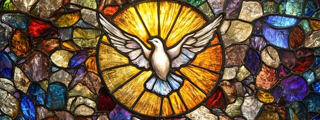 Obraz premium A stained glass window with a white dove in the center, a golden background, and light emanating from the circle around it