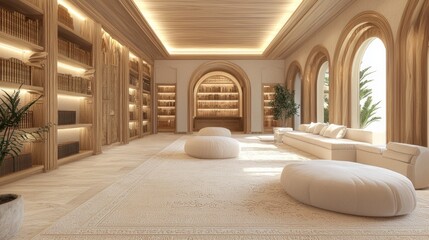 Elegant Modern Arabian Islamic Home Library Interior Design 3D Render with Sophisticated Bookshelves and Comfortable Seating