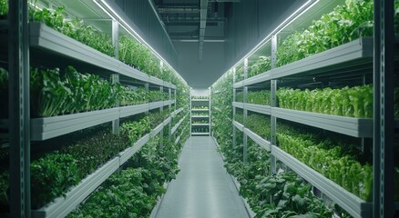 Modern high-tech indoor farm with lush green rows of plants