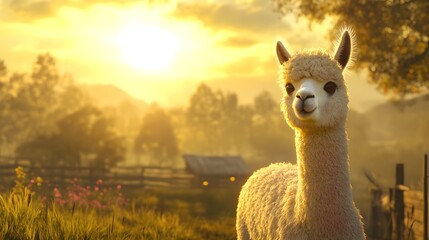Fototapeta premium A cuddly alpaca standing in the morning sun