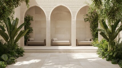 Tranquil Oasis: Modern Arabian Islamic Garden Patio 3D Render with Ornate Tiles and Lush Plants