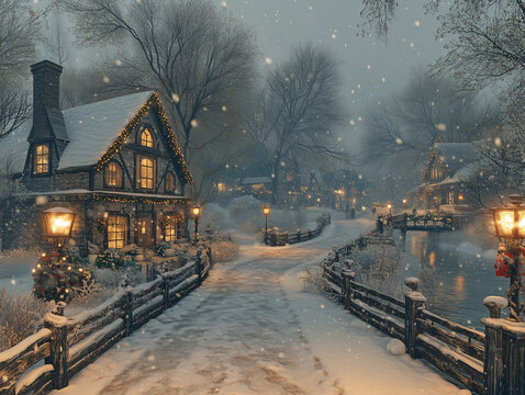 Widok jak z kartki świątecznej, Stary dom z płotem i latarniami w środku zimy
