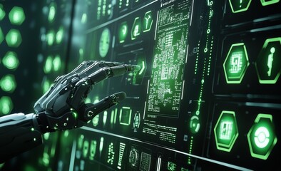 Futuristic robotic hand interacting with digital interface screen