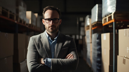 Fototapeta premium Smartly Dressed Business Owner Confidently Oversees Operations in a Bustling Warehouse Environment at Dusk