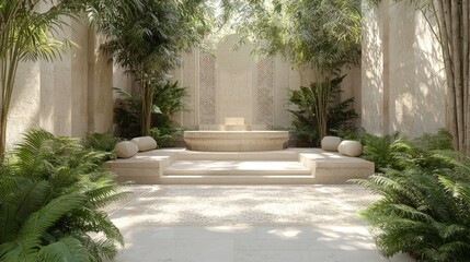 Obraz premium Serene Arabian Oasis: Luxurious Islamic Garden Patio with Ornate Tiles and Plush Seating 3D Render