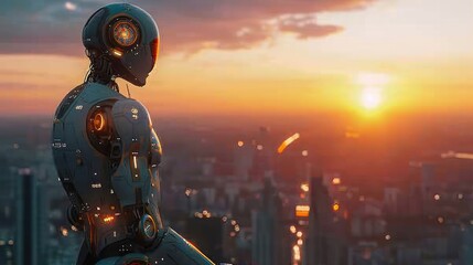 Robot overlooking futuristic city at sunset.