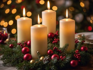 Advent candles glowing warmly amidst fresh evergreen branches, creating a cozy and festive ambiance, perfect for the holiday season